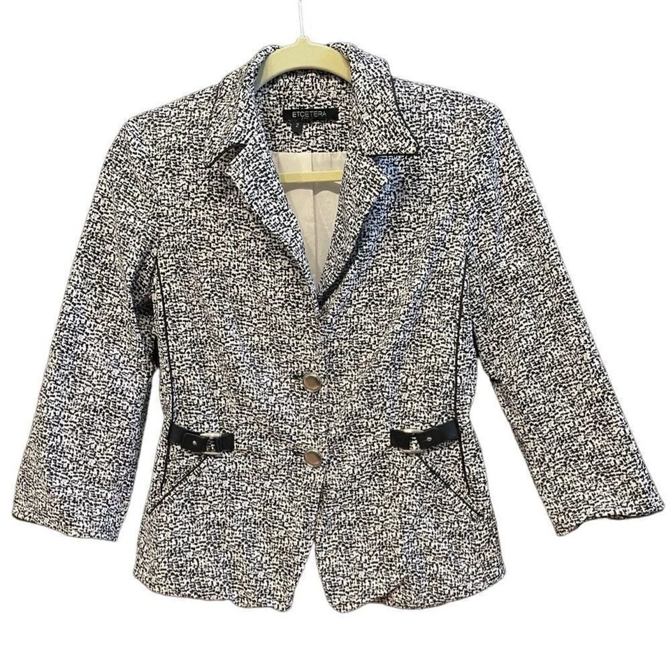 Etcetera black & white print short cropped jacket fully lined sz 2 front pockets - Image 1 of 4