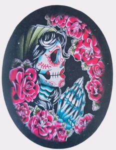 PRAYING SUGAR SKULL & ROSES MC BIKER SEW ON LEATHER PATCH 4.5X3.5" - Picture 1 of 3