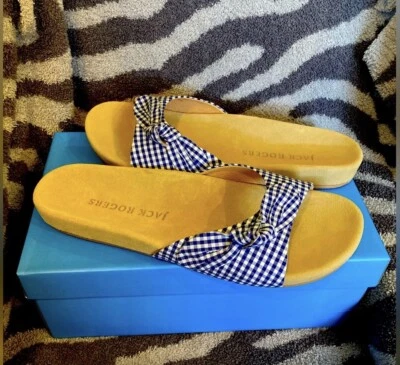 Jack Rogers Slide Dorothy White Blue Gingham Women's Bow Sandals Retail $128 - Image 1 of 3