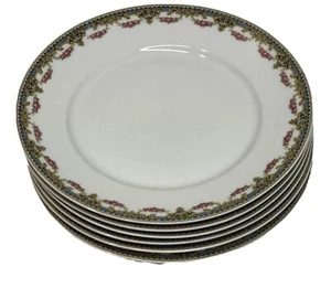 Vintage Set Of 6 Limoges UC France 9.5” Dinner Plates Blue Band, Pink Roses PO - Picture 1 of 9