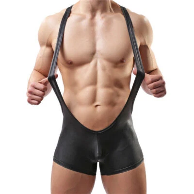 Camisetas interiores para hombre Body de cuero PU negro de una pieza Monos de lucha libre Singlet Foto 1 de 4
