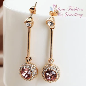 18K Rose Gold GF Made With Swarovski Element Baby Pink Round Strip Drop Earrings - Picture 1 of 5