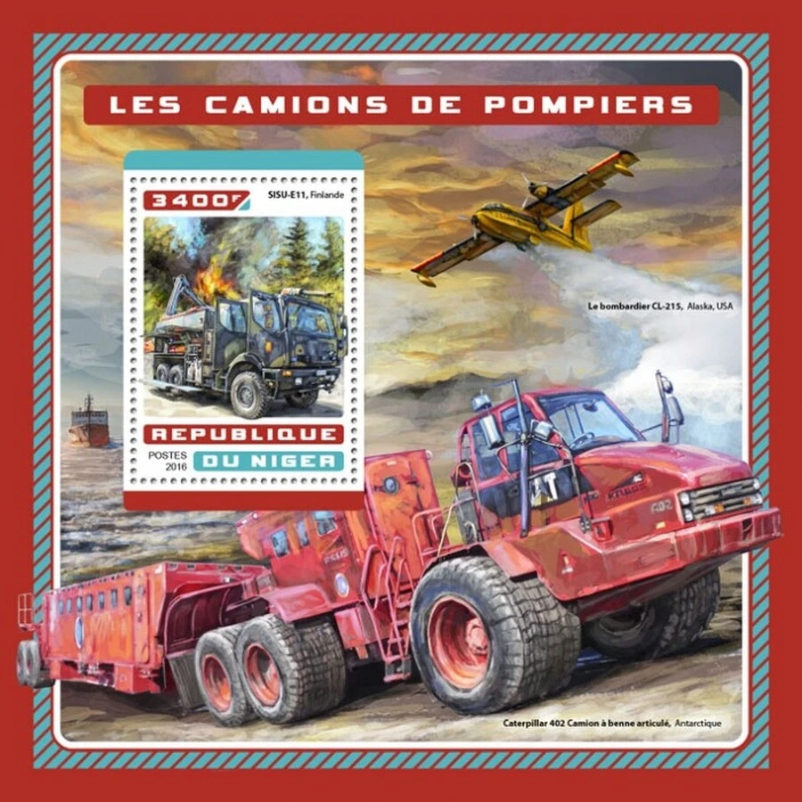 Hoja de estampillas de camión de bomberos SISU-E11 Finlandia/Caterpillar/CL415 #222 2016 Níger Foto 1 de 1