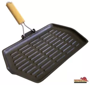 Rectangle Cast Iron Grill: Skillet Pan/ Foldable Wooden Handle 35x21cm - Bild 1 von 1