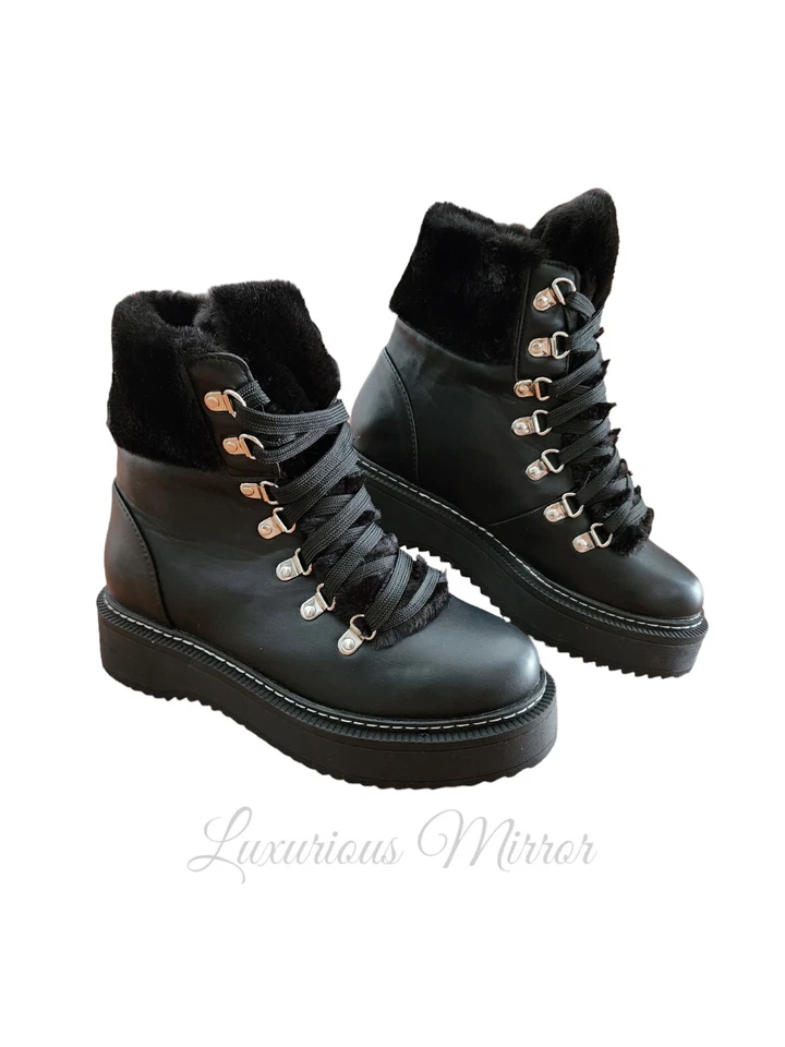 Nicole Miller Kooky Leather Combat Lace Up Boots Faux Fur Womens Mid Calf Sz 6.5 - Image 1 of 4