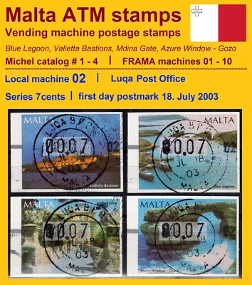 MALTA 2002 FRAMA ATM 1-4 / machine 02 / Luqa / 7c first day 18 JUL 03 - Image 1 of 2
