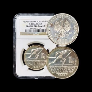 POLAND. 1980, 200 Zlotych, Silver - NGC PF67 - Lake Placid, Skiing ⛷ RARE PROBA - Picture 1 of 9