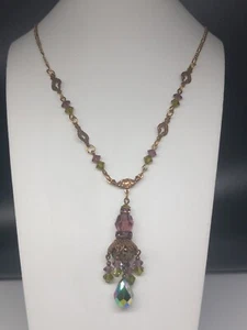Sadie Green Vintage Gold Tone Purple Green Crystals Chandelier Pendant Necklace - Picture 1 of 14