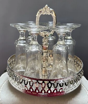Vintage Leonard 7 Piece Silverplated Caddy & Crystal  Cordial/Liquor Set - Image 1 of 4