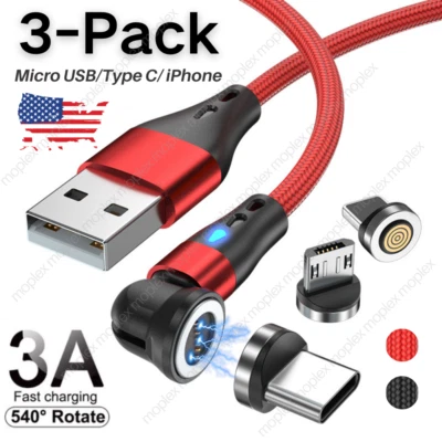 3Pcs Magnetic Phone Charger Cable 540°Rotate USB Adapter For iPhone Type C Micro - Image 1 of 4