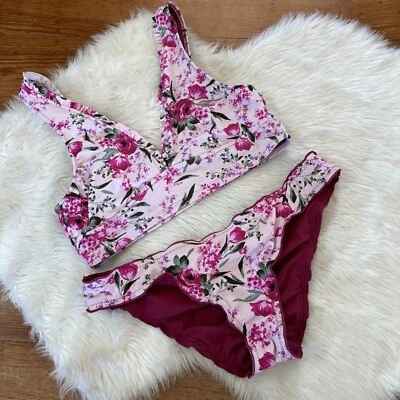 Mossimo Pink Floral Ruched & Ruffle Bikini Set Size Large - Image 1 of 4