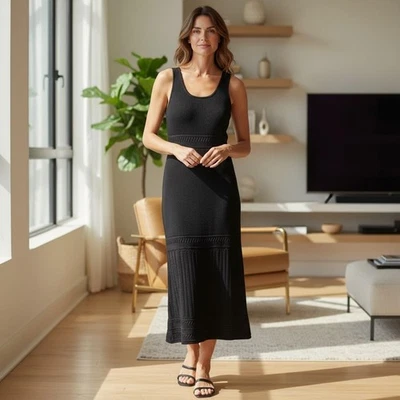 Z Supply Tarelle Maxi Dress Womens Medium Black Crochet Ribbed Chevron - Image 1 of 4