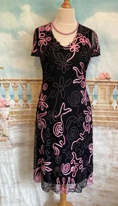Dress 12 14 Black Pink Embroidered Tapework Cornelli Mesh Occasion Evening Party - Picture 1 of 6