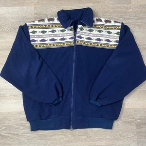 Stormy Seas Fleecejacke Herren Large marineblau durchgehender Reißverschluss hergestellt in den USA Fisch Krabbenmuster - Bild 1 von 5