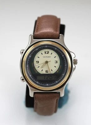 Victory Watch Men Stainless St Silver Gold WR Brown Leather Alarm Chron Quartz - Image 1 of 4