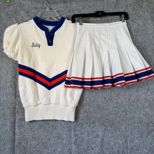 De Colección Años 80 Uniforme de Animadora Blanco Azul Naranja Plisado Falda Suéter EE. UU. "Sally" - Imagen 1 de 12