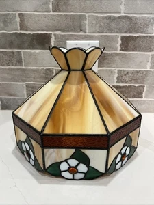 Hanging Stained Glass Chandelier Light Fixture White Flowers Beige Orange - Picture 1 of 9