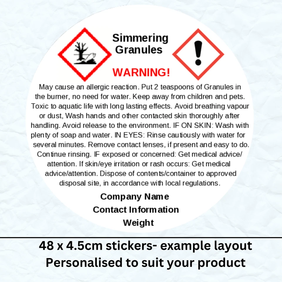 48 (2 sheets) SIMMERING/SIZZLER wax- Personalised CLP- Warning Stickers. 45mm - Image 1 of 1