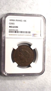 1898A France Ten Centimes NGC MS62 BN 10C COIN PRICED TO SELL NOW! - Picture 1 of 4