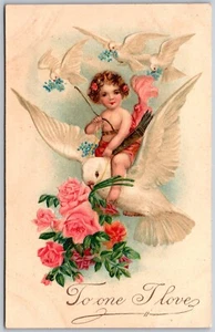 Vtg Valentine To One I Love Cherub Cupid Riding Dove 1907 Embossed Postcard - Picture 1 of 2