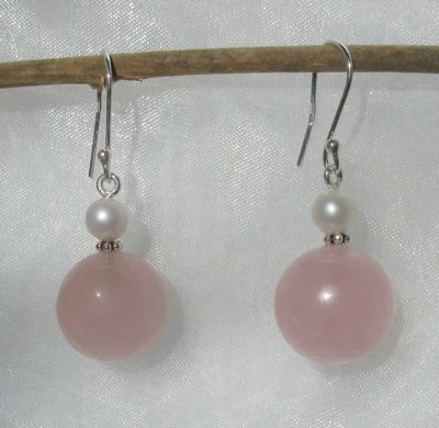 Rx Orecchini Sfera Quarzo Rosa Pietra Il Liebe E Perla Argento 925 - Immagine 1 di 4