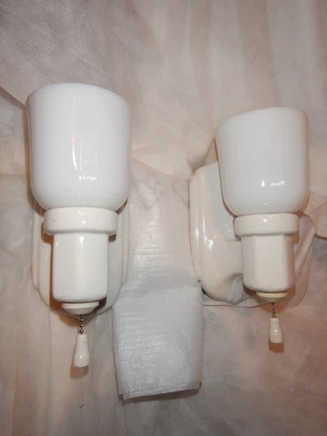 Deco Bungalow Bathroom Porcelain Sconces w/ Original Milk Glass Glass Shades Cover