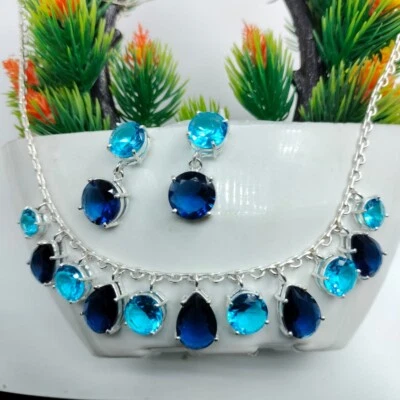 Juego de joyas collar pendientes enchapados en plata piedras preciosas topacio zafiro azul Foto 1 de 3