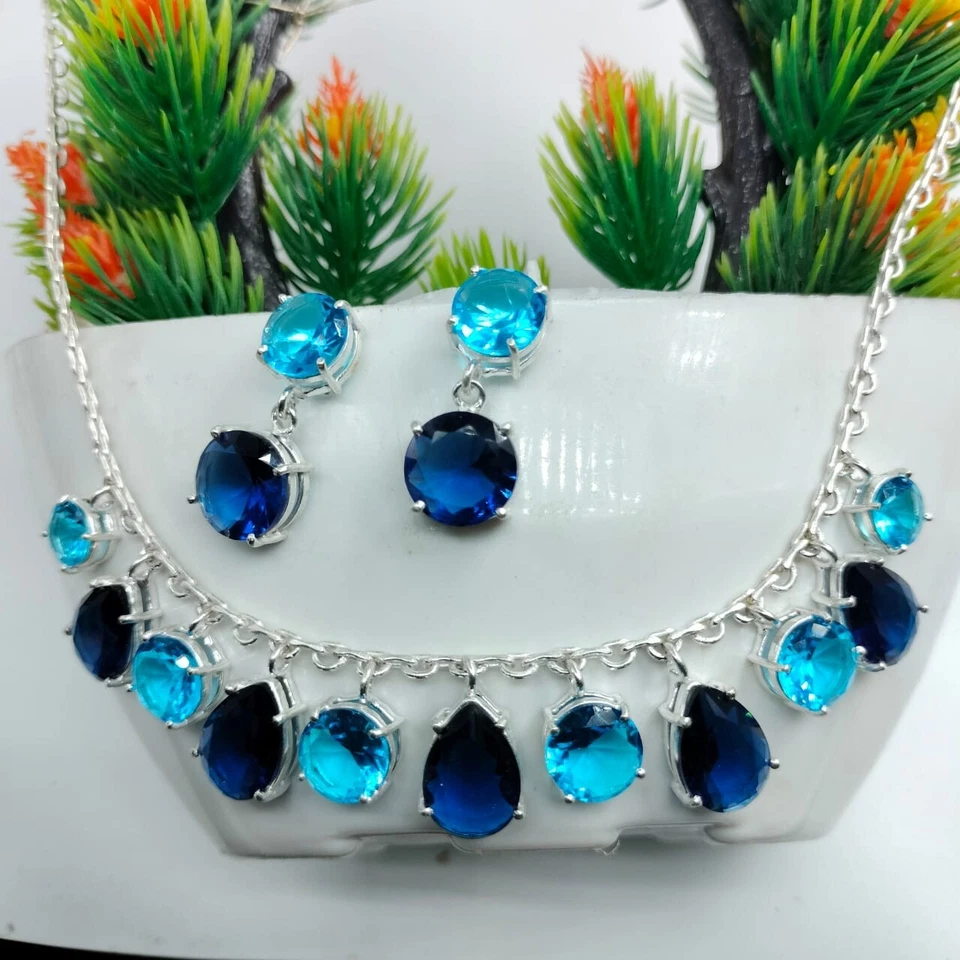 Blue Sapphire Topaz Gemstone Silver Plated Earrings Necklace Jewelry Set - Image 1 of 3