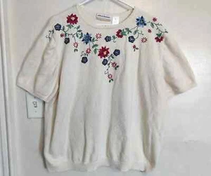 Alfred Dunner Womens Sweater 3X Plus Cream Oatmeal Floral Short Sleeve Office - Picture 1 of 4