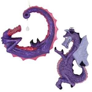 2 Vintage Steve Tunturi Hand Carved Wood Purple Dragon w/ Crystal 1984 - Picture 1 of 12