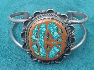 Native American unique Sterling Silver Cuff Bracelet Turquoise Inlay Setting: - Picture 1 of 10