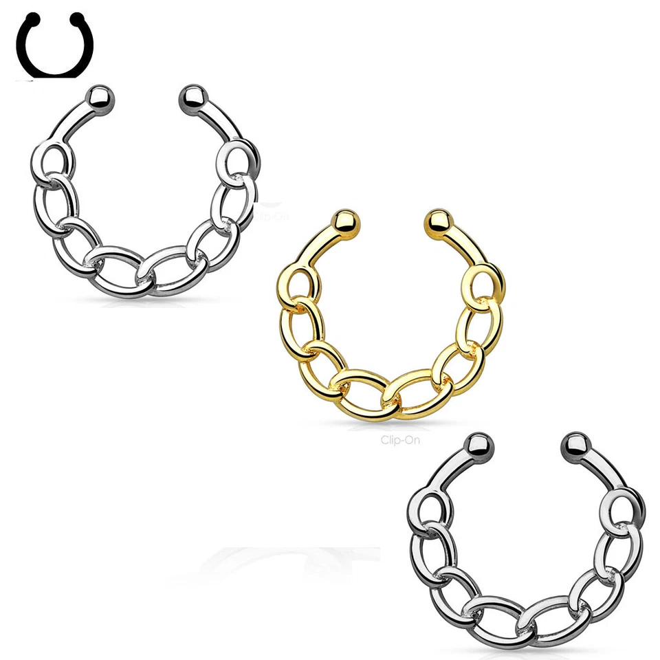 1 - Chain IP Brass Non-Piercing Septum Hanger 316L Surgical Steel Nose Rings F86 - Image 1 of 1