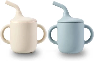 2x Silicone Baby Training Cups with Straw & Handles, Toddler, White Blue - Picture 1 of 12