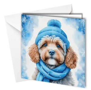 #1769 Christmas Card Cockerpoo Cockapoo Dog Blue Hat and Scarf Snowflake Puppy - Picture 1 of 2