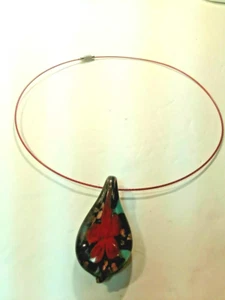 Floral Glass Pendent with Red Flower CHOKER NECKLACE 3D GLASS ENCASED DV5 - Picture 1 of 6