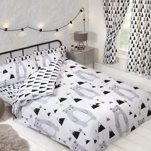 Scandi Bear Double Duvet Cover And Pillowcase Set + Matching Curtains 54" Drop - Picture 1 of 6