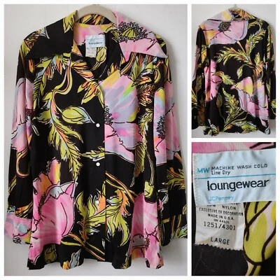 Vintage JCPenny Loungewear Large Pink Poppy Flower Pointy Collar Shirt L USA - Image 1 of 4