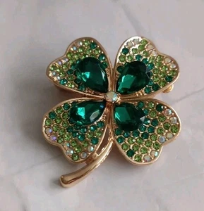 4 Blatt Kleeblatt Brosche goldfarben Smaragd grün Strass Lucky Irish 1x1,5" Neu - Bild 1 von 2