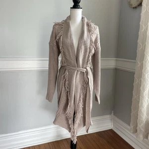 Cardigan lungo maglione orlo e filo aperto davanti frange boho beige cintura taglia small - Foto 1 di 10