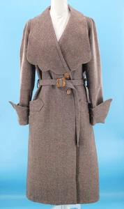 VTG Women's 20s Beige Overcoat W/ Large Collar & Belt Sz M 1920s Sport Coat - Picture 1 of 23