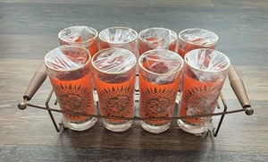 Vintage MCM Jeannette Aztec Sun Starburst 22K Barware & Original Caddy Set of 8 - Picture 1 of 4