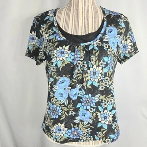 Sag Harbor Petite Top schwarz blau weiß Blumen Lagenlook Größe PL neu ohne Etikett - Bild 1 von 7