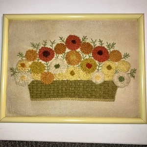 Vintage Crewel Embroidery Yarn Art Needle Art, Textile Hippie Flower Basket 1970 - Picture 1 of 15