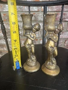 Set Of 2 Vintage Solid Brass Candlestick Holders Cherubs Gilt Urns MCM French - Picture 1 of 6