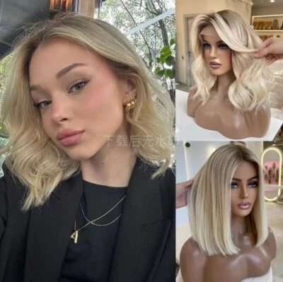 Short Bob Cut Ash Blonde With Dark Root 100% Human Hair Wigs 13x4 Lace Front Wig - Image 1 of 4