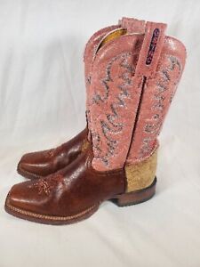 TONY LAMA USTRC Brown Pink Square Toe Cowboy Boots Womens Sz 8 B 1079L Made USA 