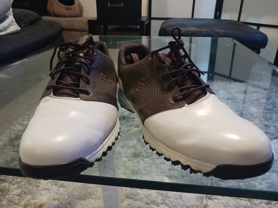 Foot Joy Men Golf Shoes Contour Leather Mint White/brown With Spikes Size 13 Men - Image 1 of 4