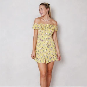 Ex T_psh_p Floral Bardot Mini Dress Off The Shoulder Yellow Size 6 - 18 RRP £32 - Picture 1 of 5