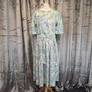 Vintage Laura Ashley Linen Dress Blue Floral UK 16 Midi Length Half Sleeve Flare - Picture 1 of 13