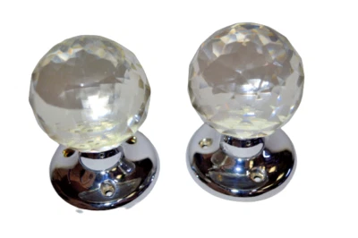 Crystal Glass Door Knob Mortice Faceted Pair Chrome Handles 60mm Round Rose - Image 1 of 4